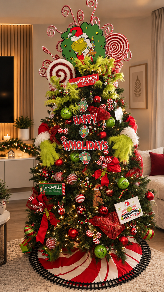 Grinch-themed Christmas tree decorated by Creating Balloons & Gifts