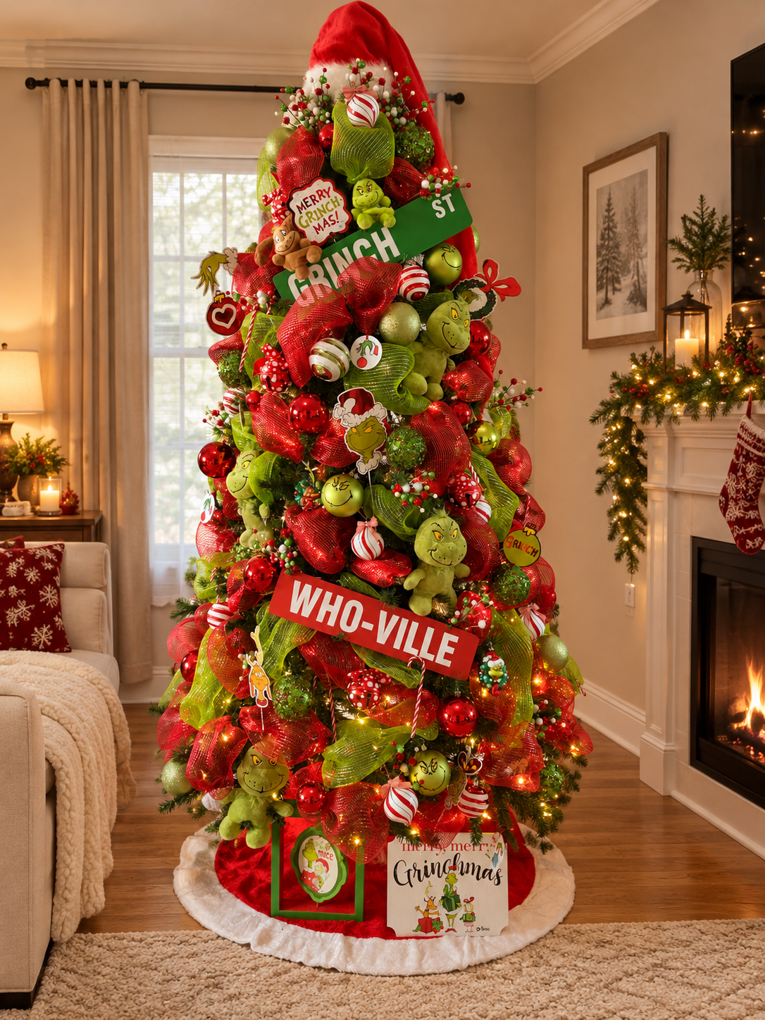 Grinch Who-ville themed Christmas tree with green and red mesh