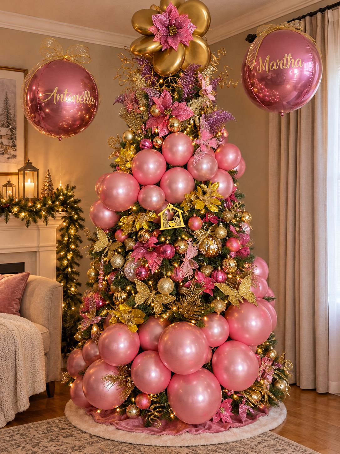Pink and gold balloon Christmas tree with personalized name balloons