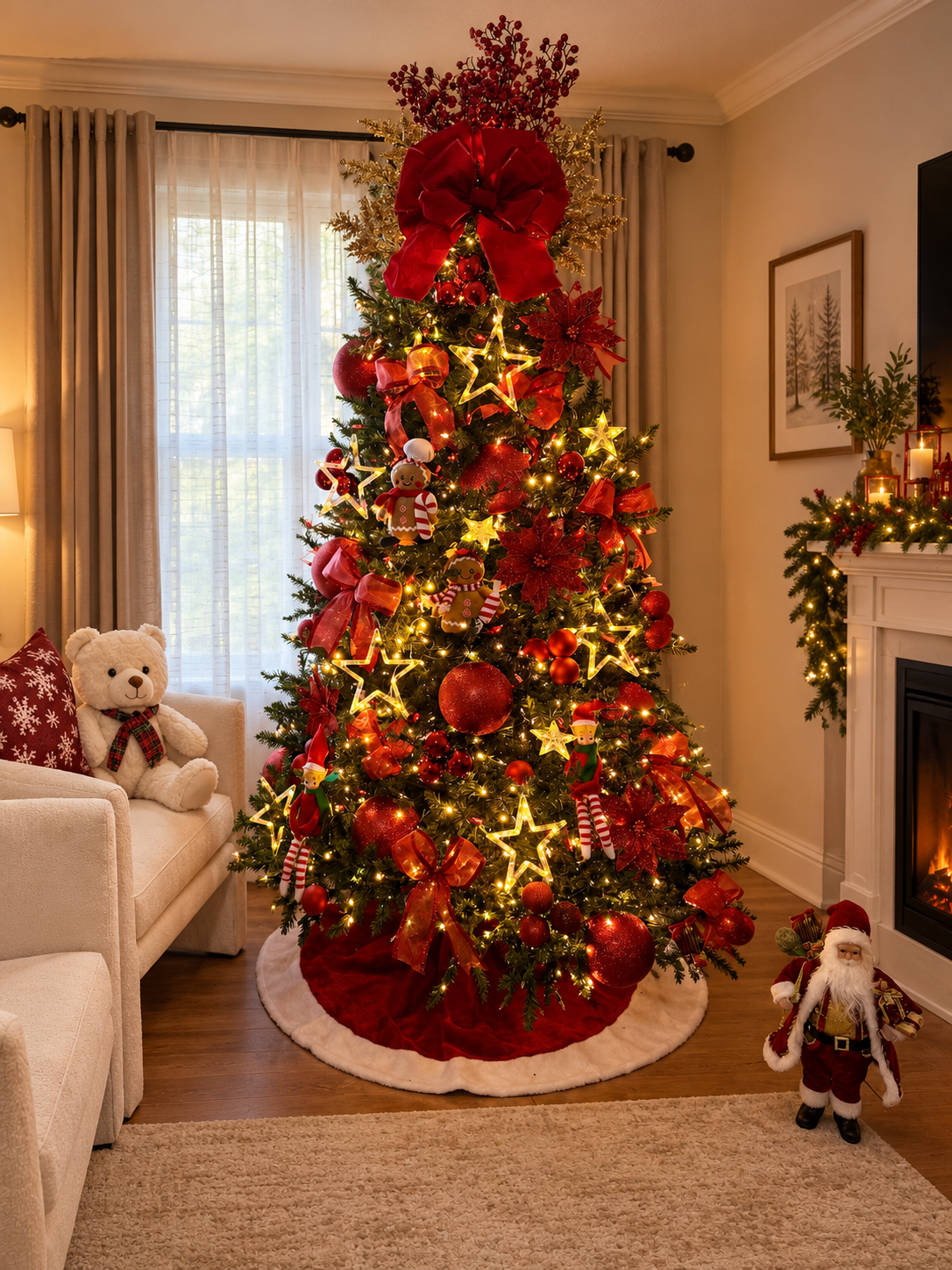Red and gold Christmas tree with lighted stars and gingerbread ornaments