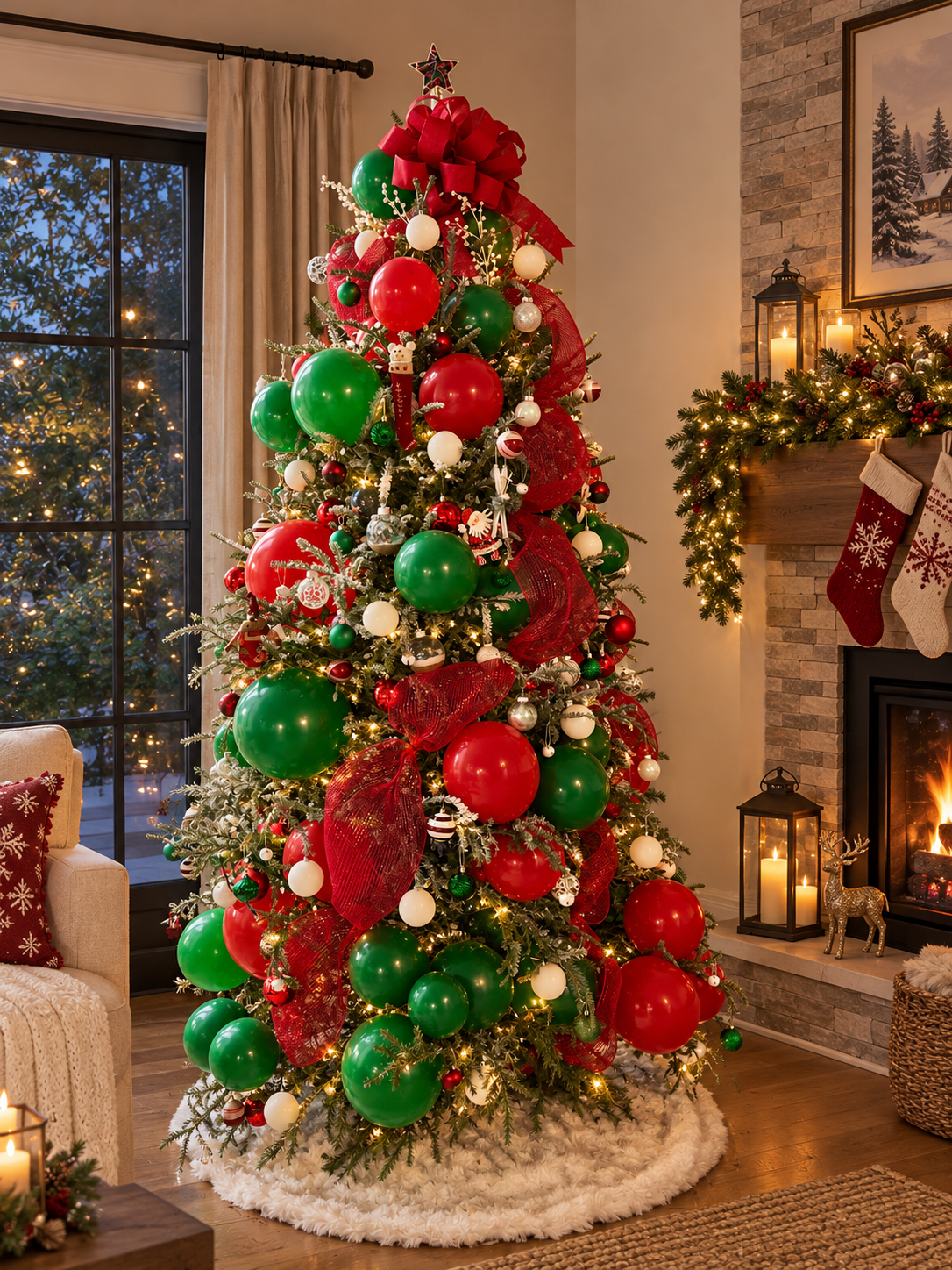 Red and green balloon Christmas tree with mesh ribbon by the fireplace